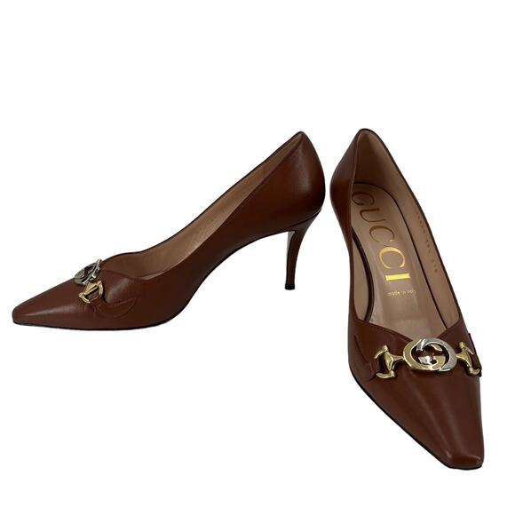 GUCCI Zumi 75 Pumps Brown Leather High Heel Slip On G Logo Buckle Size 9.5 - Picture 4 of 9